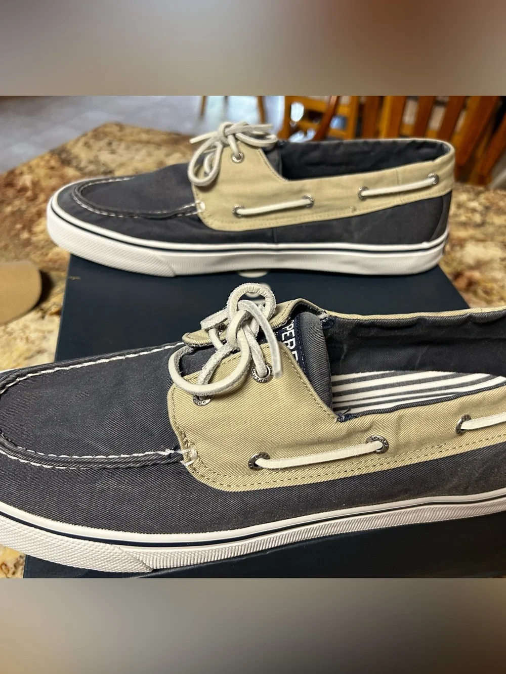 Sperry Bahama Men’s 14 Soft Canvas Boat Shoes in Navy & Khaki-Worn 1x Excellent